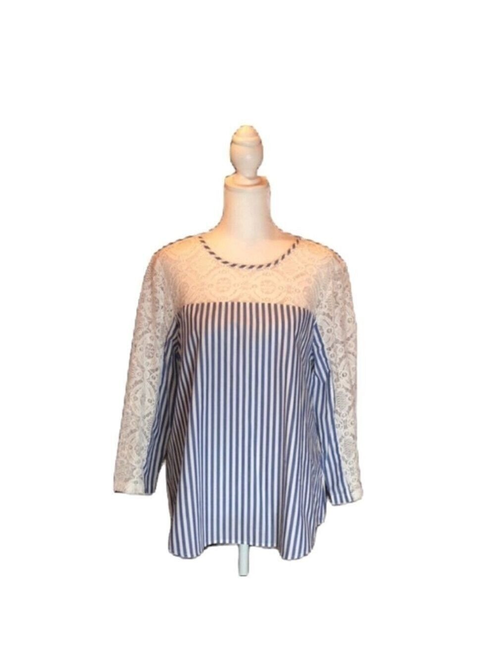 VAN HEUSEN Sky Blue & White Striped Top w/ Lace Arms Size M